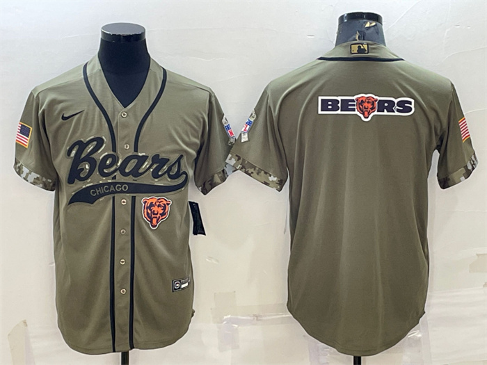 Men's Chicago Bears Olive 2022 Salute To Service Team Big Logo Cool Base Stitched Baseball Jersey 001 Men's Chicago Bears Olive 2022 Salute To Service Team Big Logo Cool Base Stitched Baseball Jersey 001