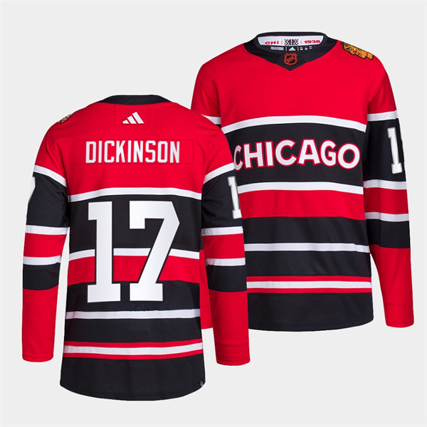 Men's Chicago Blackhawks #17 Jason Dickinson Red Black 2022 Reverse Retro Stitched Jersey Men's Chicago Blackhawks #17 Jason Dickinson Red Black 2022 Reverse Retro Stitched Jersey