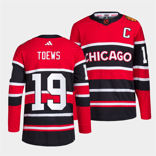 Men's Chicago Blackhawks #19 Jonathan Toews Red Black 2022 Reverse Retro Stitched Jersey Men's Chicago Blackhawks #19 Jonathan Toews Red Black 2022 Reverse Retro Stitched Jersey