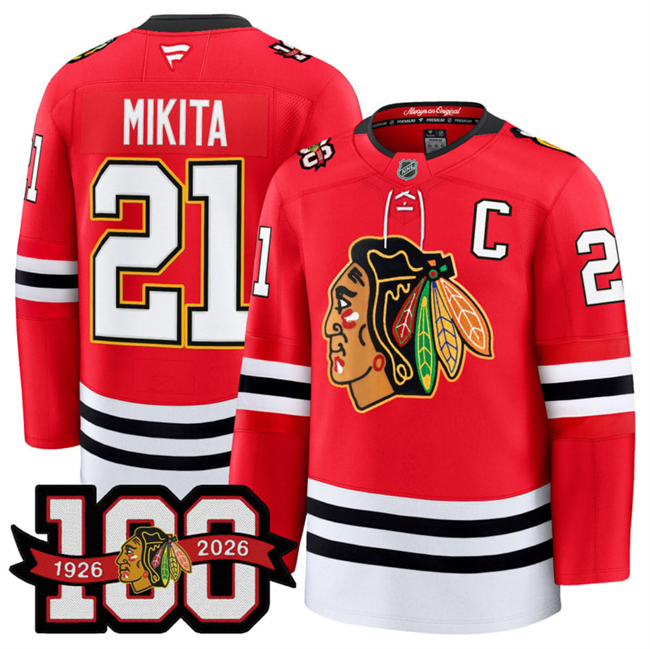 Men's Chicago Blackhawks #21 Stan Mikita Red 2025 Home 100th Anniversary Stitched Hockey Jersey Men's Chicago Blackhawks #21 Stan Mikita Red 2025 Home 100th Anniversary Stitched Hockey Jersey