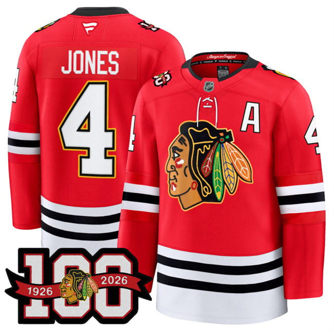 Men's Chicago Blackhawks #4 Seth Jones Red 2025 Home 100th Anniversary With A Patch Stitched Hockey Jersey Men's Chicago Blackhawks #4 Seth Jones Red 2025 Home 100th Anniversary With A Patch Stitched Hockey Jersey