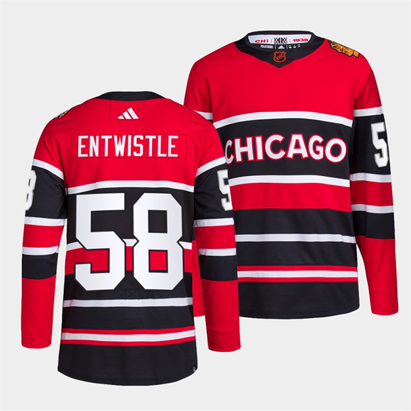 Men's Chicago Blackhawks #58 MacKenzie Entwistle Red Black 2022 Reverse Retro Stitched Jersey Men's Chicago Blackhawks #58 MacKenzie Entwistle Red Black 2022 Reverse Retro Stitched Jersey