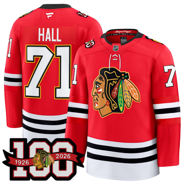 Men's Chicago Blackhawks #71 Taylor Hall Red 2025 Home 100th Anniversary Stitched Hockey Jersey Men's Chicago Blackhawks #71 Taylor Hall Red 2025 Home 100th Anniversary Stitched Hockey Jersey
