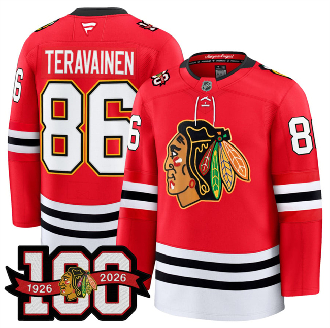 Men's Chicago Blackhawks #86 Teuvo Teravainen Red 2025 Home 100th Anniversary Stitched Hockey Jersey Men's Chicago Blackhawks #86 Teuvo Teravainen Red 2025 Home 100th Anniversary Stitched Hockey Jersey