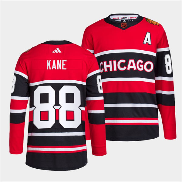 Men's Chicago Blackhawks #88 Patrick Kane Red Black 2022 Reverse Retro Stitched Jersey Men's Chicago Blackhawks #88 Patrick Kane Red Black 2022 Reverse Retro Stitched Jersey