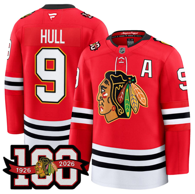 Men's Chicago Blackhawks #9 Bobby Hull Red 2025 Home 100th Anniversary Stitched Hockey Jersey Men's Chicago Blackhawks #9 Bobby Hull Red 2025 Home 100th Anniversary Stitched Hockey Jersey
