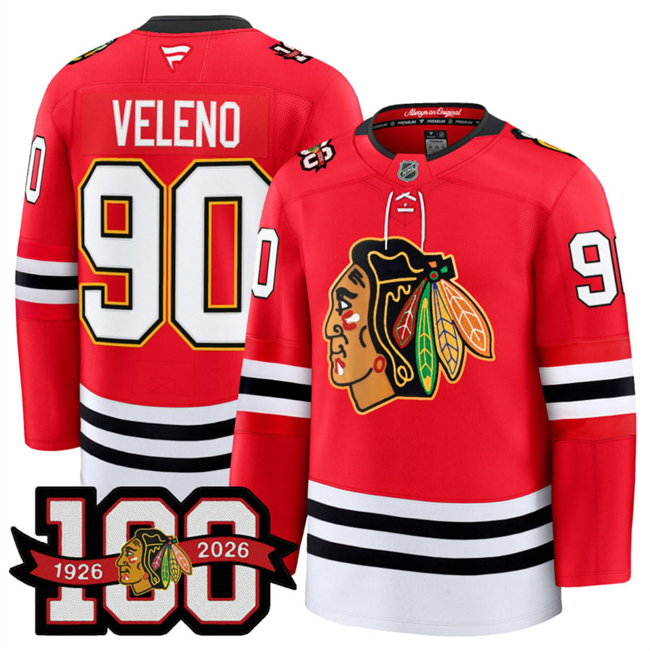 Men's Chicago Blackhawks #90 Joe Veleno Red 2025 Home 100th Anniversary Stitched Hockey Jersey Men's Chicago Blackhawks #90 Joe Veleno Red 2025 Home 100th Anniversary Stitched Hockey Jersey