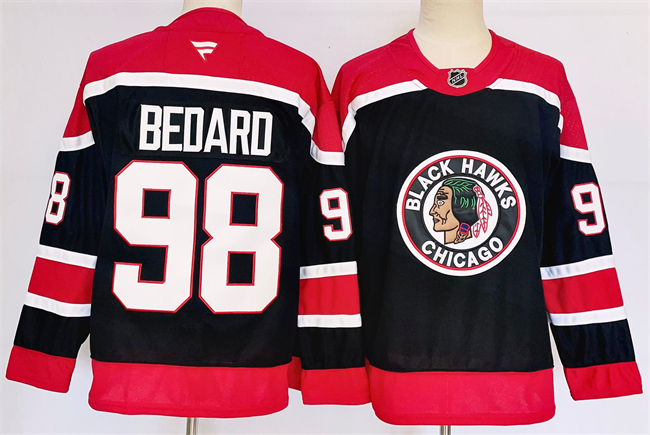 Men's Chicago Blackhawks #98 Connor Bedard Black 2024-25 Stitched Hockey Jersey Men's Chicago Blackhawks #98 Connor Bedard Black 2024-25 Stitched Hockey Jersey