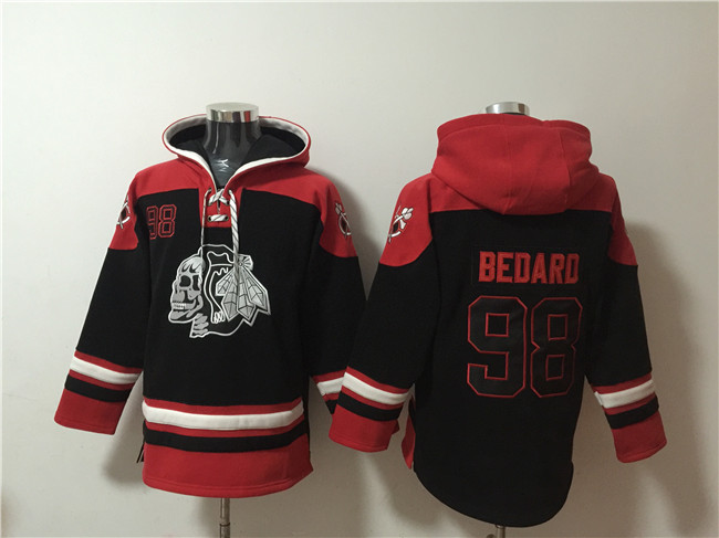 Men's Chicago Blackhawks #98 Connor Bedard Black Lace-Up Pullover Hoodie Men's Chicago Blackhawks #98 Connor Bedard Black Lace-Up Pullover Hoodie