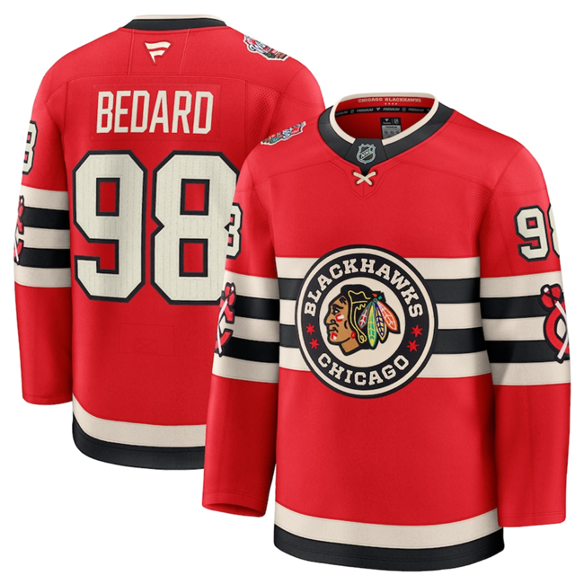 Men's Chicago Blackhawks #98 Connor Bedard Red 2024-25 Winter Classic Stitched Hockey Jersey Men's Chicago Blackhawks #98 Connor Bedard Red 2024-25 Winter Classic Stitched Hockey Jersey