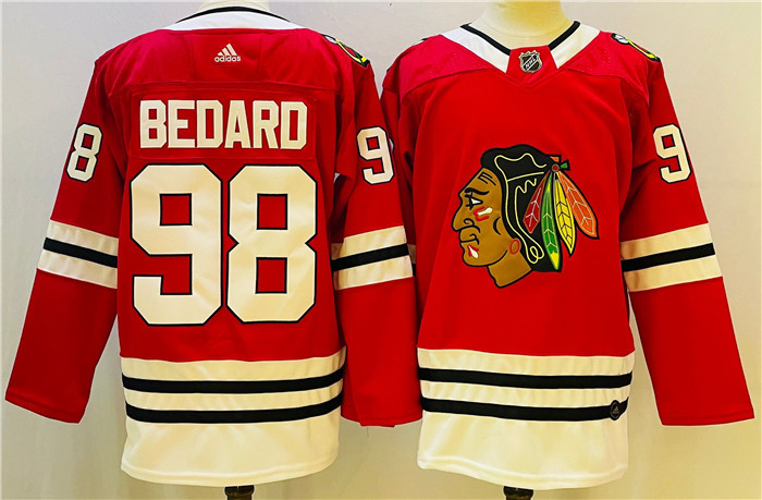 Men's Chicago Blackhawks #98 Connor Bedard Red Black Stitched Jersey Men's Chicago Blackhawks #98 Connor Bedard Red Black Stitched Jersey