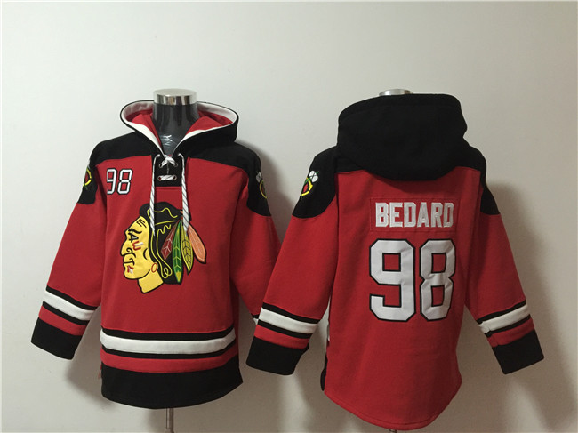 Men's Chicago Blackhawks #98 Connor Bedard Red Lace-Up Pullover Hoodie Men's Chicago Blackhawks #98 Connor Bedard Red Lace-Up Pullover Hoodie