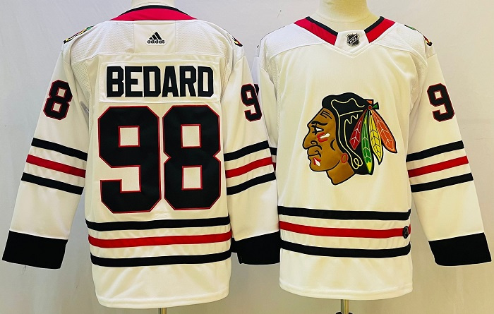 Men's Chicago Blackhawks #98 Connor Bedard White Black Stitched Jersey Men's Chicago Blackhawks #98 Connor Bedard White Black Stitched Jersey