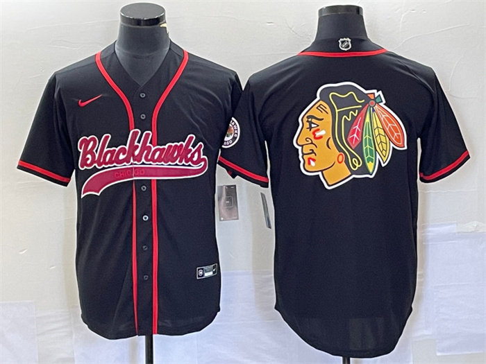 Men's Chicago Blackhawks Black Team Big Logo Cool Base Stitched Baseball Jersey Men's Chicago Blackhawks Black Team Big Logo Cool Base Stitched Baseball Jersey