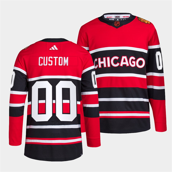 Men's Chicago Blackhawks Custom Red Black 2022 Reverse Retro Stitched Jersey Men's Chicago Blackhawks Custom Red Black 2022 Reverse Retro Stitched Jersey