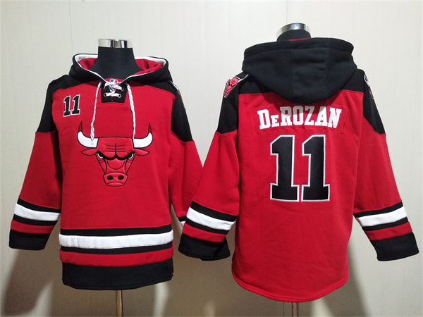 Men's Chicago Bulls #11 DeMar DeRozan Red Black Ageless Must-Have Lace-Up Pullover Hoodie Men's Chicago Bulls #11 DeMar DeRozan Red Black Ageless Must-Have Lace-Up Pullover Hoodie