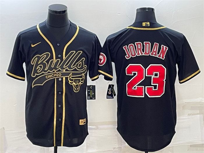 Men's Chicago Bulls #23 Michael Jordan Black Gold With Patch Cool Base Stitched Baseball Jersey Men's Chicago Bulls #23 Michael Jordan Black Gold With Patch Cool Base Stitched Baseball Jersey