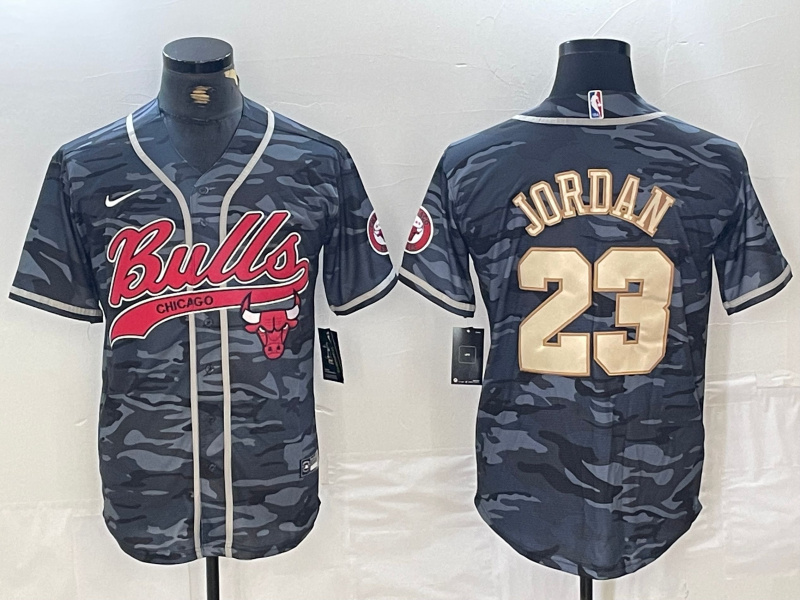 Men's Chicago Bulls #23 Michael Jordan Gray Camo Cool Base Stitched Baseball Jersey 7 Men's Chicago Bulls #23 Michael Jordan Gray Camo Cool Base Stitched Baseball Jersey 7