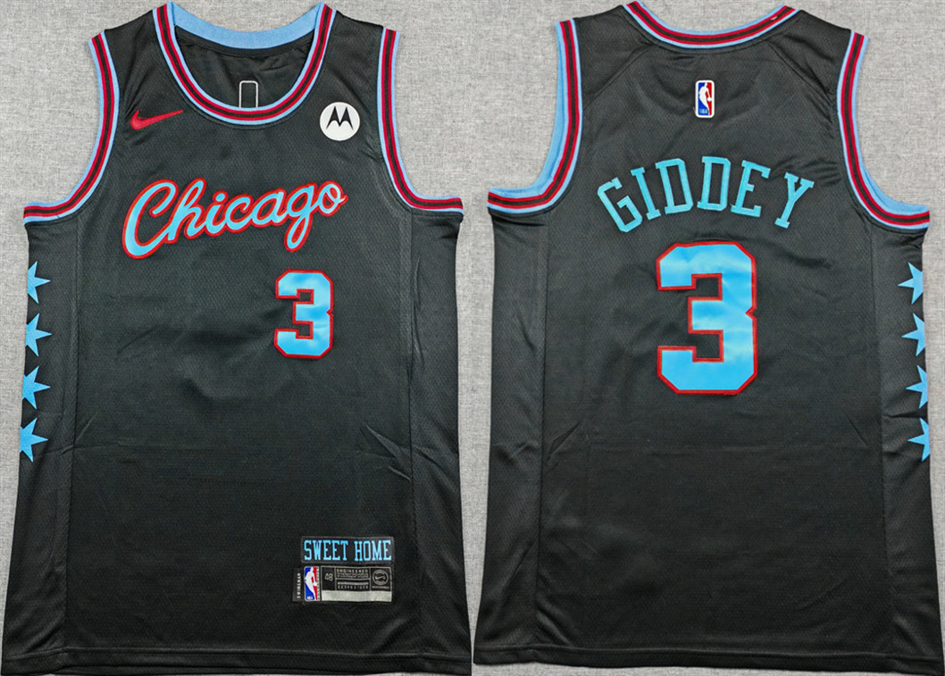 Men's Chicago Bulls #3 Josh Giddey Black 2025-26 City Edition Stitched Basketball Jersey Men's Chicago Bulls #3 Josh Giddey Black 2025-26 City Edition Stitched Basketball Jersey