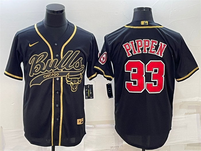Men's Chicago Bulls #33 Scottie Pippen Black Gold With Patch Cool Base Stitched Baseball Jersey Men's Chicago Bulls #33 Scottie Pippen Black Gold With Patch Cool Base Stitched Baseball Jersey