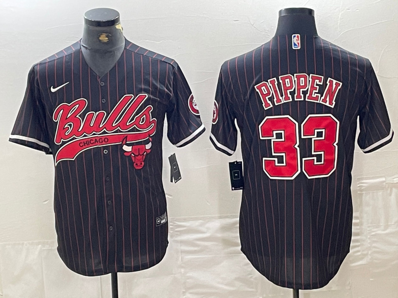 Men's Chicago Bulls #33 Scottie Pippen Black Pinstripe Cool Base Stitched Baseball Jersey 4 Men's Chicago Bulls #33 Scottie Pippen Black Pinstripe Cool Base Stitched Baseball Jersey 4
