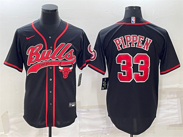 Men's Chicago Bulls #33 Scottie Pippen Black With Patch Cool Base Stitched Baseball Jersey Men's Chicago Bulls #33 Scottie Pippen Black With Patch Cool Base Stitched Baseball Jersey
