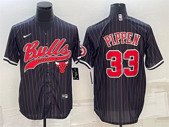 Men's Chicago Bulls #33 Scottie Pippen Black With Patch Cool Base Stitched Baseball JerseyS Men's Chicago Bulls #33 Scottie Pippen Black With Patch Cool Base Stitched Baseball JerseyS