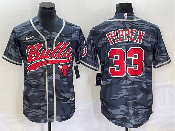 Men's Chicago Bulls #33 Scottie Pippen Gray Camo Cool Base Stitched Baseball Jersey Men's Chicago Bulls #33 Scottie Pippen Gray Camo Cool Base Stitched Baseball Jersey