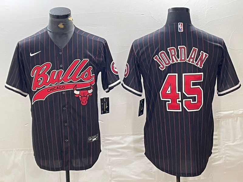 Men's Chicago Bulls #45 Michael Jordan Black Pinstripe Cool Base Stitched Baseball Jersey 3 Men's Chicago Bulls #45 Michael Jordan Black Pinstripe Cool Base Stitched Baseball Jersey 3