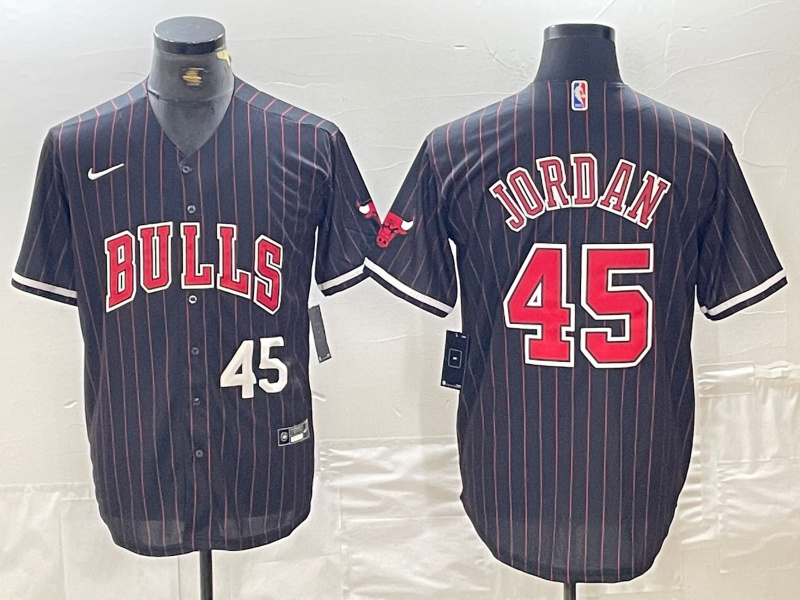Men's Chicago Bulls #45 Michael Jordan Number Black Pinstripe Cool Base Stitched Baseball Jersey Men's Chicago Bulls #45 Michael Jordan Number Black Pinstripe Cool Base Stitched Baseball Jersey