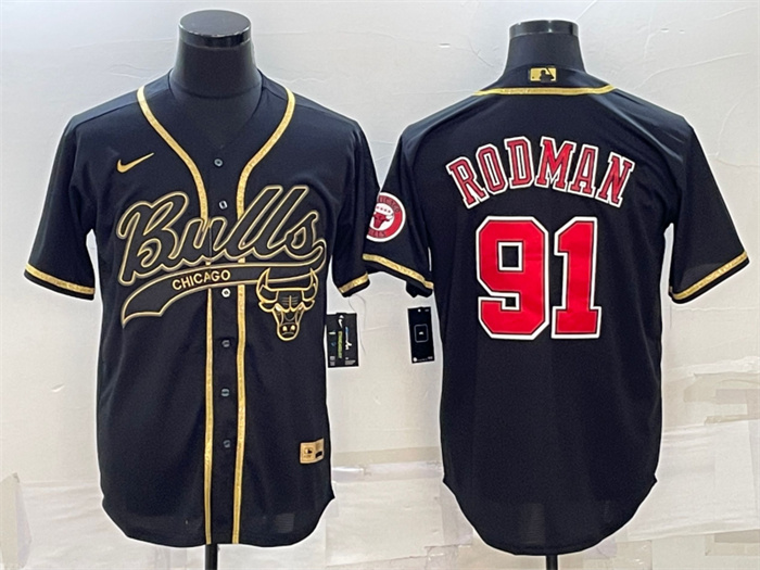 Men's Chicago Bulls #91 Dennis Rodman Black Gold With Patch Cool Base Stitched Baseball Jersey Men's Chicago Bulls #91 Dennis Rodman Black Gold With Patch Cool Base Stitched Baseball Jersey