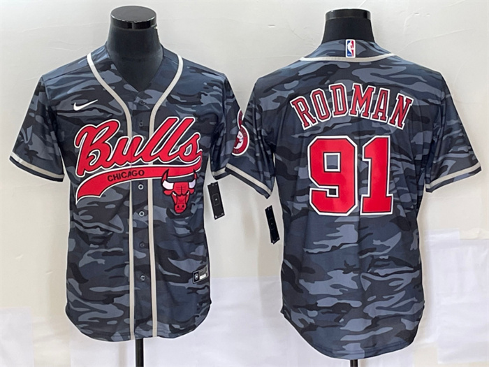 Men's Chicago Bulls #91 Dennis Rodman Gray Camo Cool Base Stitched Baseball Jersey Men's Chicago Bulls #91 Dennis Rodman Gray Camo Cool Base Stitched Baseball Jersey