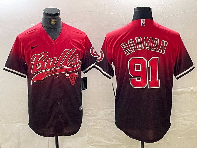 Men's Chicago Bulls #91 Dennis Rodman Red Black With Patch Cool Base Stitched Baseball jerseys 6 Men's Chicago Bulls #91 Dennis Rodman Red Black With Patch Cool Base Stitched Baseball jerseys 6