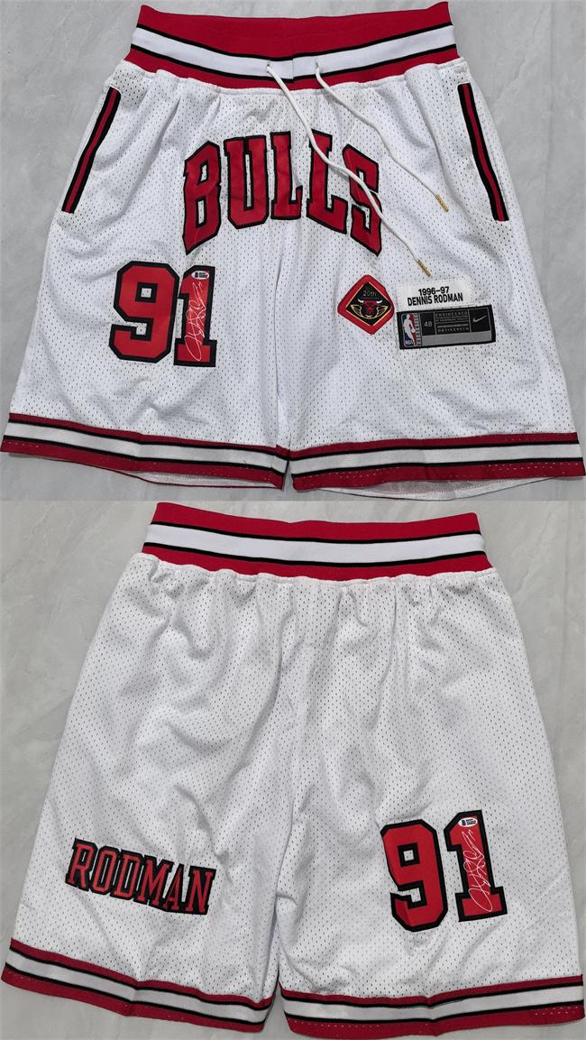 Men's Chicago Bulls #91 Dennis Rodman White 2025 Shorts (Run Small) Men's Chicago Bulls #91 Dennis Rodman White 2025 Shorts (Run Small)
