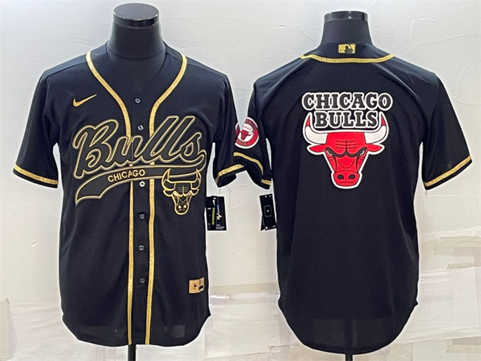 Men's Chicago Bulls Black Gold Team Big Logo Cool Base Stitched Baseball Jersey Men's Chicago Bulls Black Gold Team Big Logo Cool Base Stitched Baseball Jersey