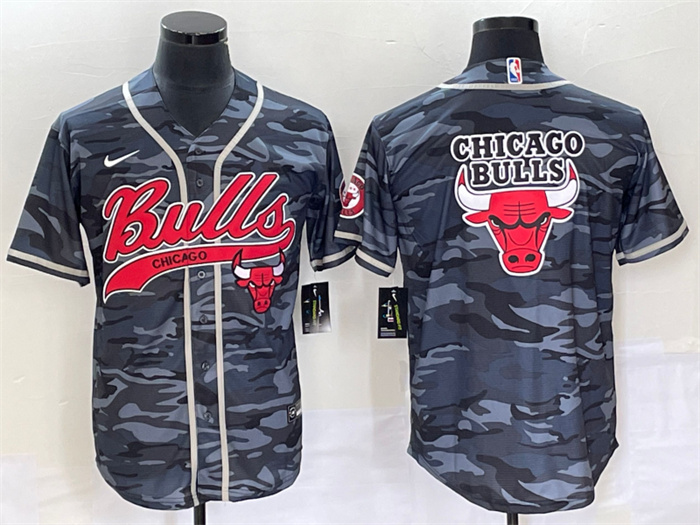 Men's Chicago Bulls Gray Camo Team Big Logo Cool Base Stitched Baseball Jersey Men's Chicago Bulls Gray Camo Team Big Logo Cool Base Stitched Baseball Jersey