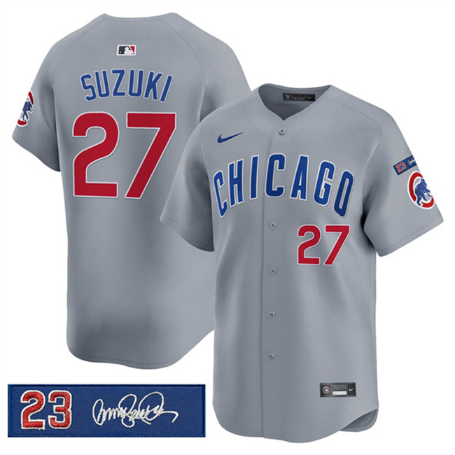 Men's Chicago Cubs #27 Seiya Suzuki Gray 'Ryne Sandberg Tribute' Vapor Limited V3 Stitched Baseball Jersey Men's Chicago Cubs #27 Seiya Suzuki Gray 'Ryne Sandberg Tribute' Vapor Limited V3 Stitched Baseball Jersey