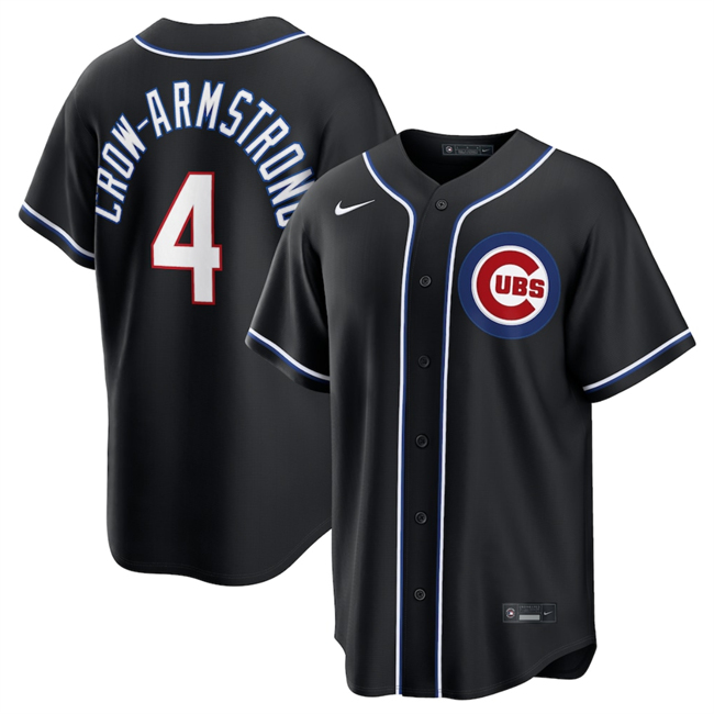 Men's Chicago Cubs #4 Pete Crow-Armstrong 2026 Fashion Replica Black Out Stitched Baseball Jersey Men's Chicago Cubs #4 Pete Crow-Armstrong 2026 Fashion Replica Black Out Stitched Baseball Jersey