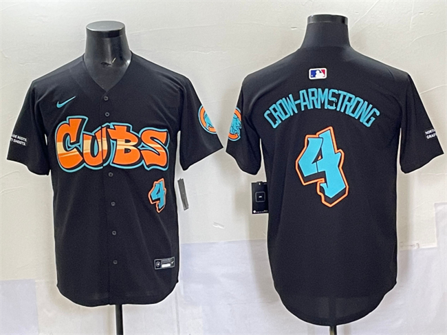 Men's Chicago Cubs #4 Pete Crow-Armstrong Black 'Graffiti North Side Edition' Vapor Premier Limited Stitched Baseball Jersey Men's Chicago Cubs #4 Pete Crow-Armstrong Black 'Graffiti North Side Edition' Vapor Premier Limited Stitched Baseball Jersey