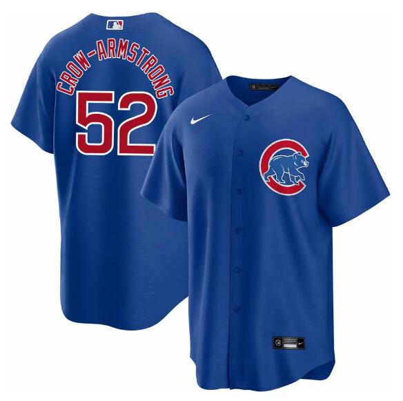 Men's Chicago Cubs #52 Pete Crow-Armstrong Blue 2024 Cool Base Stitched Baseball Jersey Men's Chicago Cubs #52 Pete Crow-Armstrong Blue 2024 Cool Base Stitched Baseball Jersey