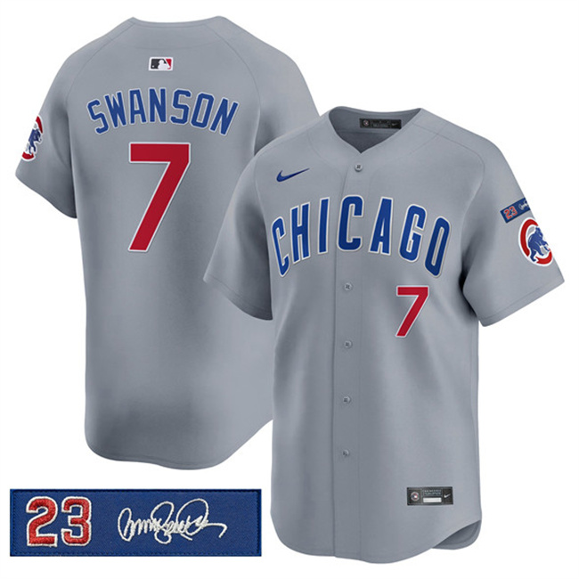 Men's Chicago Cubs #7 Dansby Swanson Gray 'Ryne Sandberg Tribute' Vapor Limited V3 Stitched Baseball Jersey Men's Chicago Cubs #7 Dansby Swanson Gray 'Ryne Sandberg Tribute' Vapor Limited V3 Stitched Baseball Jersey