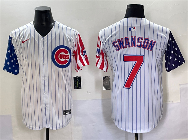 Men's Chicago Cubs #7 Dansby Swanson White Pinstripe 2025 Independence Day Vapor Premier Limited Stitched Baseball Jersey Men's Chicago Cubs #7 Dansby Swanson White Pinstripe 2025 Independence Day Vapor Premier Limited Stitched Baseball Jersey