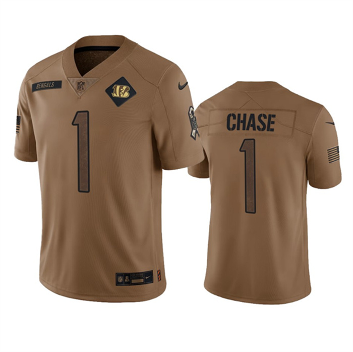 Men's Cincinnati Bengals #1 Ja'Marr Chase 2023 Brown Salute To Service Limited Stitched Jersey Men's Cincinnati Bengals #1 Ja'Marr Chase 2023 Brown Salute To Service Limited Stitched Jersey