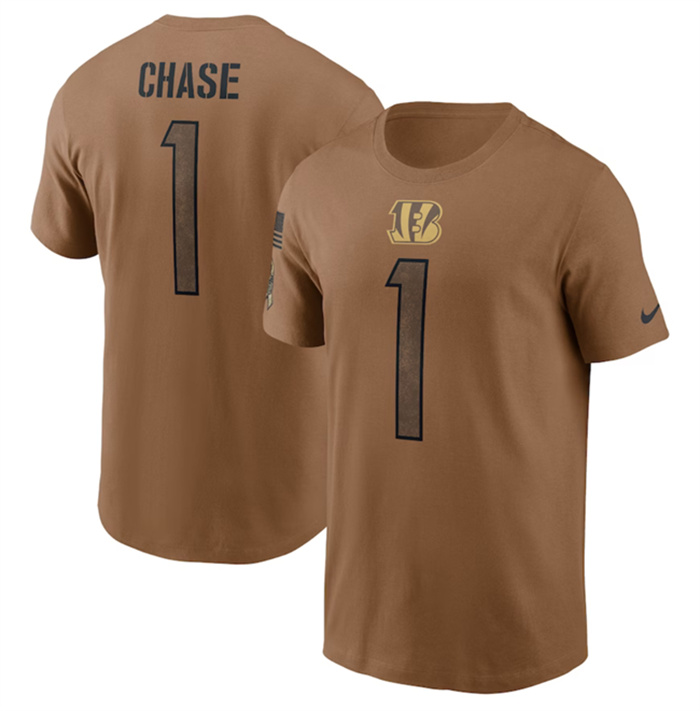 Men's Cincinnati Bengals #1 Ja'Marr Chase 2023 Brown Salute To Service Name & Number T-Shirt Men's Cincinnati Bengals #1 Ja'Marr Chase 2023 Brown Salute To Service Name & Number T-Shirt