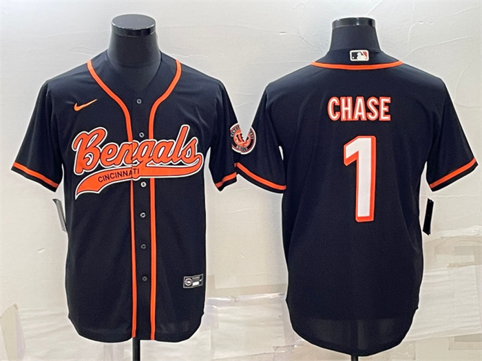 Men's Cincinnati Bengals #1 Ja'Marr Chase Black With Patch Cool Base Stitched Baseball Jersey Men's Cincinnati Bengals #1 Ja'Marr Chase Black With Patch Cool Base Stitched Baseball Jersey