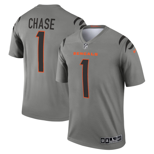 Men's Cincinnati Bengals #1 Ja'Marr Chase Gray Stitched Football Jersey Men's Cincinnati Bengals #1 Ja'Marr Chase Gray Stitched Football Jersey