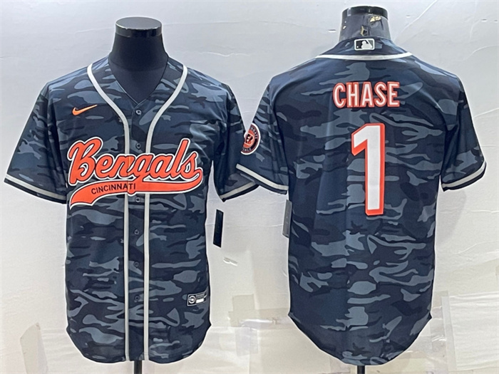 Men's Cincinnati Bengals #1 Ja'Marr Chase Grey Camo With Patch Cool Base Stitched Baseball Jersey Men's Cincinnati Bengals #1 Ja'Marr Chase Grey Camo With Patch Cool Base Stitched Baseball Jersey