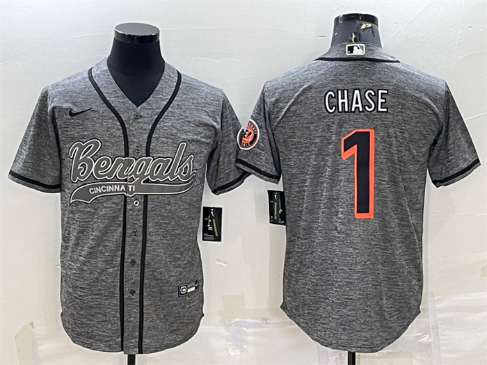 Men's Cincinnati Bengals #1 Ja'Marr Chase Grey With Patch Cool Base Stitched Baseball Jersey Men's Cincinnati Bengals #1 Ja'Marr Chase Grey With Patch Cool Base Stitched Baseball Jersey