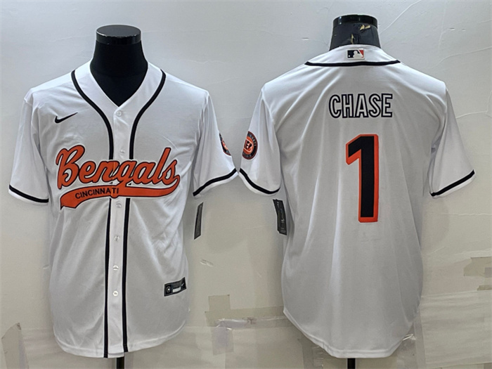 Men's Cincinnati Bengals #1 Ja'Marr Chase White With Patch Cool Base Stitched Baseball Jersey Men's Cincinnati Bengals #1 Ja'Marr Chase White With Patch Cool Base Stitched Baseball Jersey
