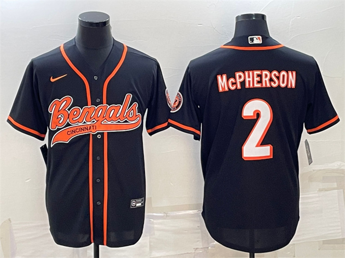 Men's Cincinnati Bengals #2 Evan McPherson Black With Patch Cool Base Stitched Baseball Jersey Men's Cincinnati Bengals #2 Evan McPherson Black With Patch Cool Base Stitched Baseball Jersey
